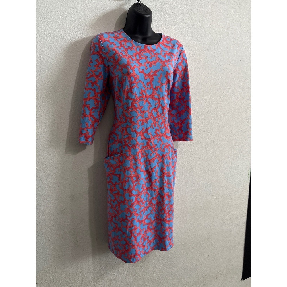 J. McLaughlin Dress M Blue Coral Coastal Preppy Abstract Midi 3/4 Sleeve Pocket